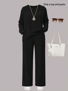 Women's Casual Sports Set, Crew Neck Long Sleeve Sweatshirt Paired With Pocket Wide Leg Straight Pants, 2 Pieces Outfit - Black - View 2