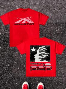 1pcs Men's 100% Cotton Retro Flame And Star Print T Shirt Casual Double Sided Graphic Men Clothes, Vintage Silhouette Digital Printed T Shirt Gifts For Men - Đỏ - Xem 7
