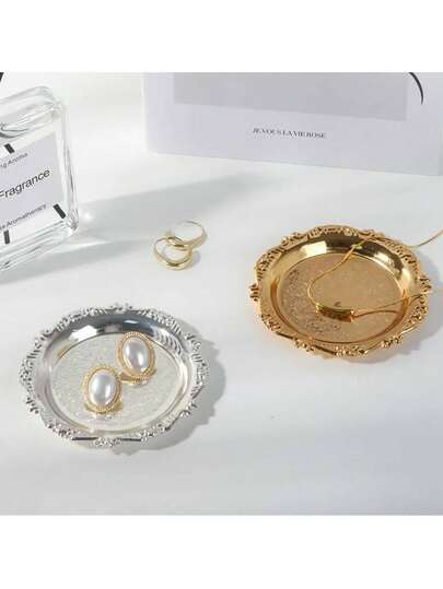 2pcs Retro Luxury Style Metal Jewelry Tray - Multi-Functional Tray With Engraved Design For Jewelry Organization, Aromatherapy Candle Holders, Home Decor, And New Year Presents