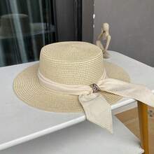 1 pieza Sombrero de sol de playa para mujer, sombrero de paja de moda para el verano - Beis - Ver 9