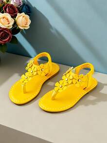 2026 New - 1 Pair Girls' Shoes, Bright Yellow 3D Floral Decor, Soft Sole, Non-Slip, Comfortable, Easy On/Off, Toe Elastic Knit Strap, Flat Sandals, One-Piece Slippers, Suitable For Outdoor Play, Cute Children Sandals - Màu vàng - Xem 3