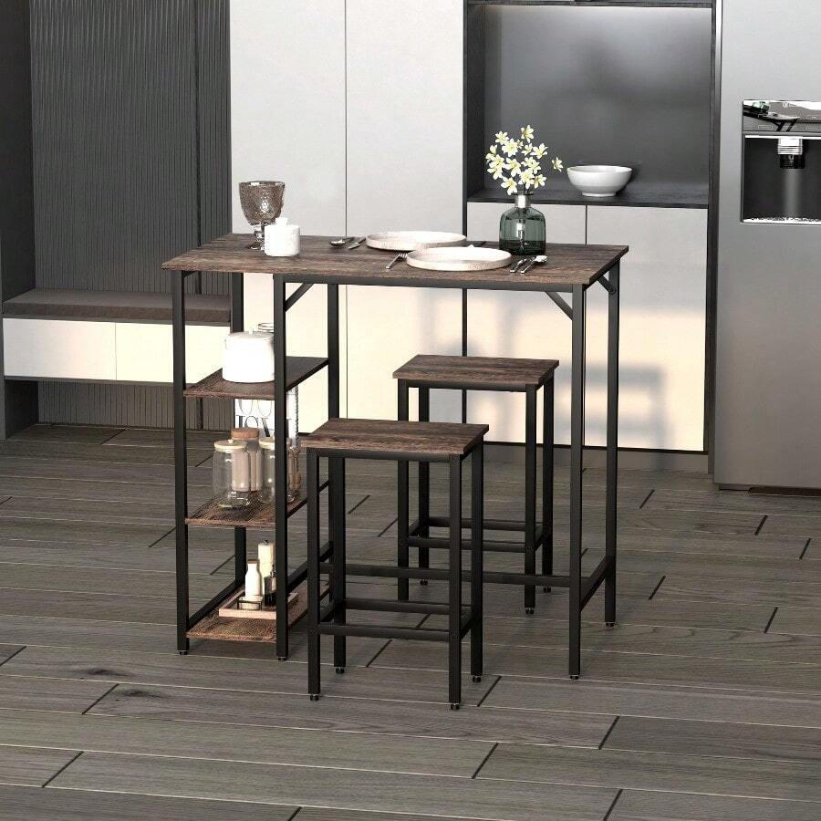 Industrial Bar Height Dining Table Set With 2 Stools & Side Shelf, 3 Pieces Coffee Table For Dining Room, Kitchen, Dinette - 835-338 - View 1