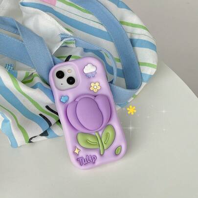 Ốp điện thoại hình hoa tulip 3D hoạt hình có chân đế, tương thích với iPhone 17 16 15 14 13 12 11