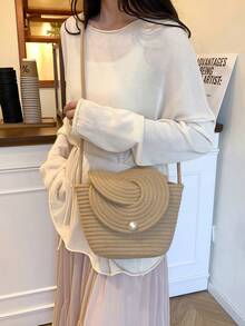 New French Niche Woven Women's Handbag, Summer Beach Vacation Bag, Large Capacity Tote Vegetable Basket,Woven Bucket Beach Bag For Women, Knitted Tote With Crossbody Strap & Pearl-Accented Twist Knot Closure, Minimalist Straw Bag For Vacation, Wedding Events, And Summer Outings, Roomy Purse Fits Phone, Wallet, Keys In Khaki And BeigeThe Best Gift Choice, Birthday Gift, Valentine's Day[US Local Warehouse] - 彩色 - 查看 2