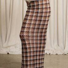 Women's Elegant Houndstooth/Argyle Plaid Skirt, Structured Fit, Machine Washable & Dry Cleanable, For Semi-Formal & Casual Wear, Brown/Beige/Tan, Winter Pants-Like Skirt, Versatile Fall/Winter Outfit (No Sheer Layers) - 卡其色 - 查看 4