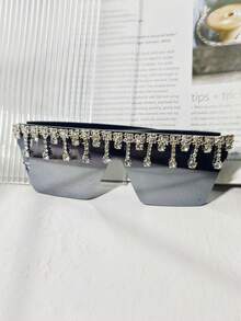 SSPV 1 Peça Óculos da Moda Femininos com Armação Rosa, Parte Superior Plana, Strass e Borla, Adequado para Festas, Fantasias, Decorado com Diamantes e Cristais, Armação Rosa, Óculos da Moda Luxuosos de Festa de Feriado Estilo Y2K, Adequado para Praia, Festas Temáticas (Acompanha Pano de Limpeza) - corrente de strass com pingente decorativo - Visão 6