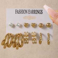 CIZME 6-9对/套 简约金色金属耳环套装，锆石珍珠耳环套装，粗款C形耳环和心形耳钉，斋月派对极简主义首饰 - 金色 - 查看 5