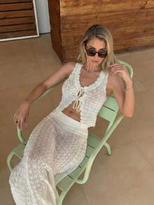 MORI 2026 春夏女装杏色无袖V领系带短款针织上衣和长款针织铅笔裙两件套，浪漫度假风，精致优雅，海滨休闲，柔美女性魅力 - 杏色 - 查看 5