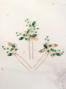 3pcs Emerald Crystal Gold Leaf Hair Clips, Vintage Rhinestone U-Shaped Bridal Hair Accessories, Suitable For Weddings And Galas - Multicolor - View 3