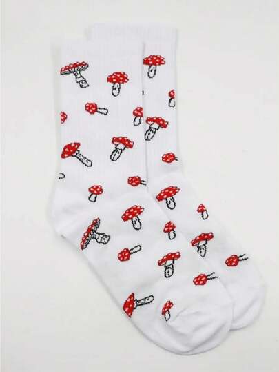 1 par de calcetines hasta el tobillo con diseño de hongo blanco, lindos, calcetines largos, casuales, cómodos y transpirables, con diseño de estilo casual para la calle, adecuados para todas las estaciones