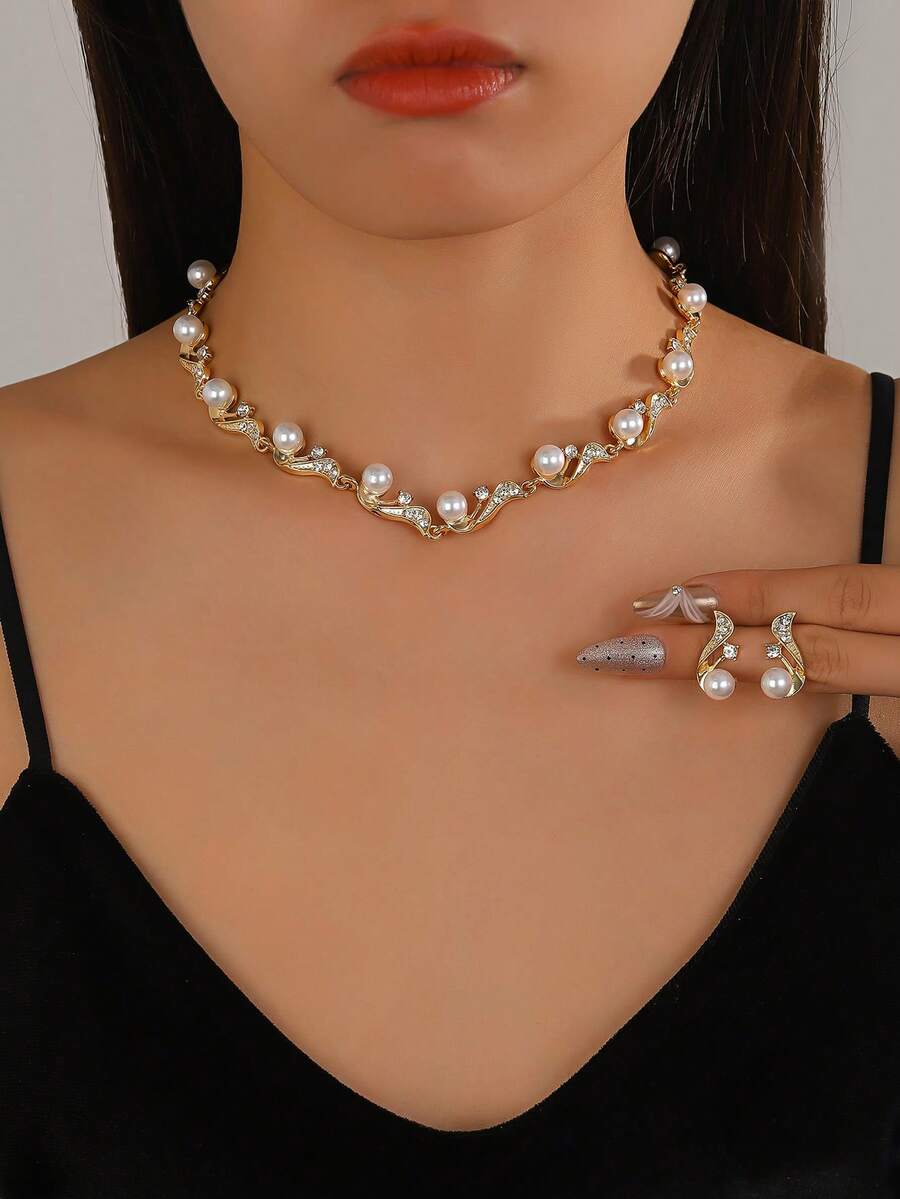 一套欧美风格仿珍珠项链耳环套装，小众百搭项链，时尚优雅耳环，适合女性日常或派对佩戴。 - 彩色 - 查看 1