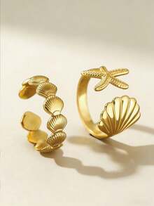 2pcs Elegant Starfish & Shell Stainless Steel Gold Plated Adjustable Ring Set, Suitable For Daily Wear And Holiday Gifts - As Shown - View 5