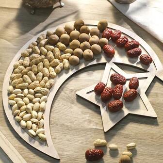 1pc Luxury Wooden Decorative Tray, Moon & Star Pattern, DIY Creative Home Decor Dessert Fruit Plate, Snack Tray, Handmade Jewelry, Suitable For Tabletop Decor, Holiday Dining, Camping, Home & Party, Ramadan And More