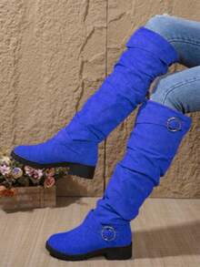 Women's Faux Suede Over-The-Knee Boots Chunky Sole Round Buckle Decor Side Zipper Versatile Casual Date Boots - 藍色 - 查看 2