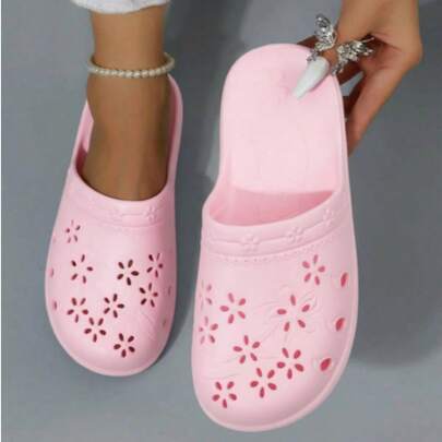 Sandalias para mujer hueco floral punta redonda sin cordones suela plana estilo casual para verano hogar y playa