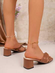 Women's Summer New Satin Thick High Heel Sandals, Twist Woven Design, Casual Everyday Wear, Gentle Style - Brown - View 5