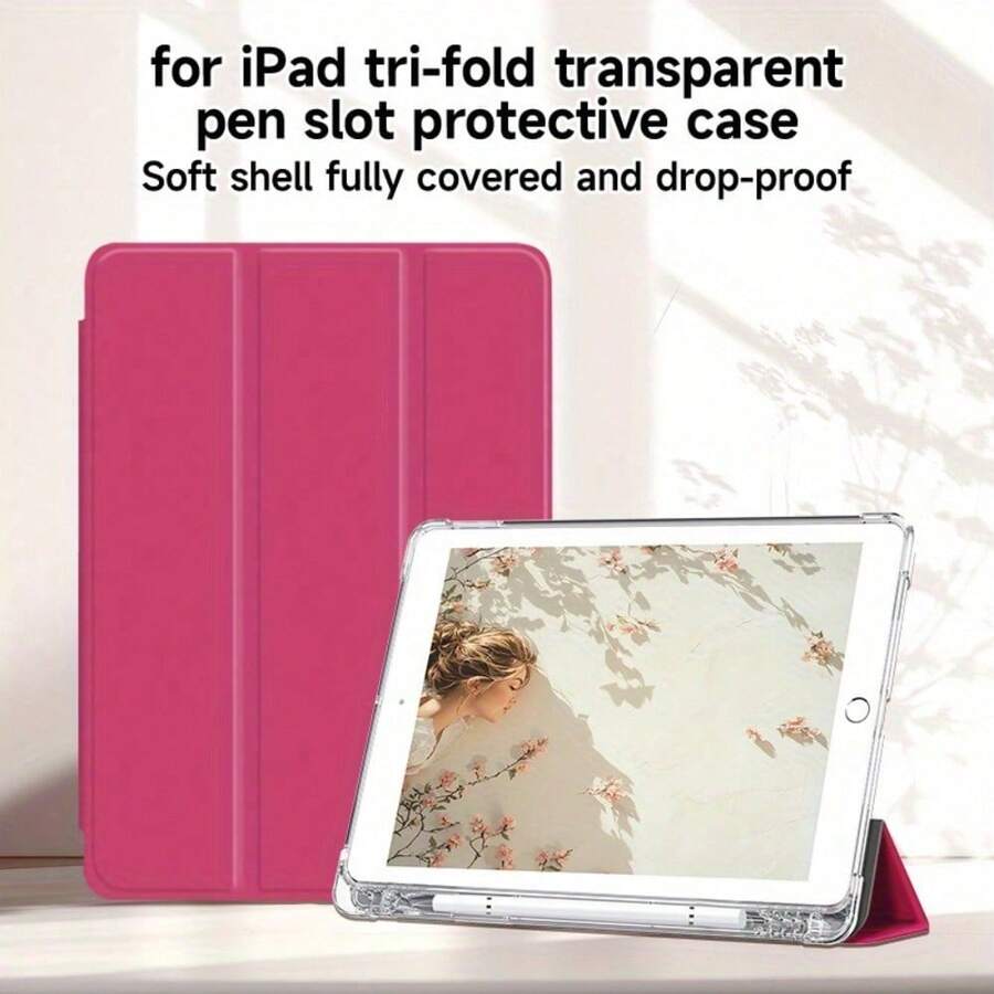 1pc Premium Hot Pink Design Patterns White Tablet Case Compatible With IPad 10th Generation 10.9 Inch 2022/IPad (A16) 11th Generation 11 Inch 2025/IPad Air 4th/5th, IPad Pro 2020/2021/2022/2024, Slim Stylish Clear IPad Case With Pencil Holder, Tri-Fold Stand Cover, Best Gifts For New Year/Valentine's Day/Easter - 玫紅色 - 查看 1