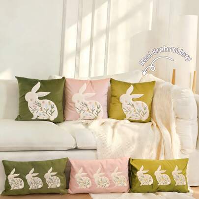 1件复活节装饰兔子毛绒枕套，柔软兔子刺绣靠垫套，饰有春日花朵刺绣，适合复活节装饰、家居和花园装饰