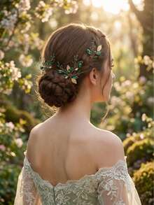3pcs Emerald Crystal Gold Leaf Hair Clips, Vintage Rhinestone U-Shaped Bridal Hair Accessories, Suitable For Weddings And Galas - Multicolor - View 5