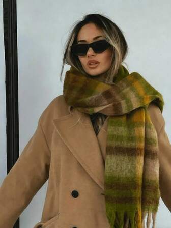 1 st. varm stickad rutig halsduk i vintagestil, högkvalitativ mohair, överdimensionerad tjock halsduk, unisex, höst/vinter