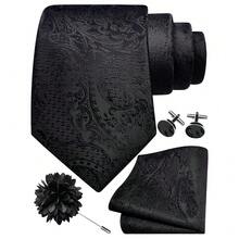 GUSLESON 8cm Paisley Tie Set For Men Necktie Lapel Pin Pocket Square Cufflinks Set For Men,Black - Black - View 1
