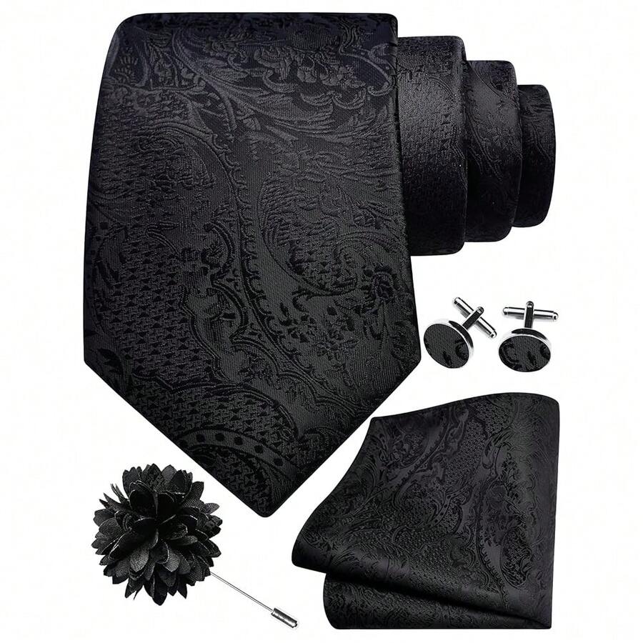 GUSLESON 8cm Paisley Tie Set For Men Necktie Lapel Pin Pocket Square Cufflinks Set For Men,Black - Black - View 1