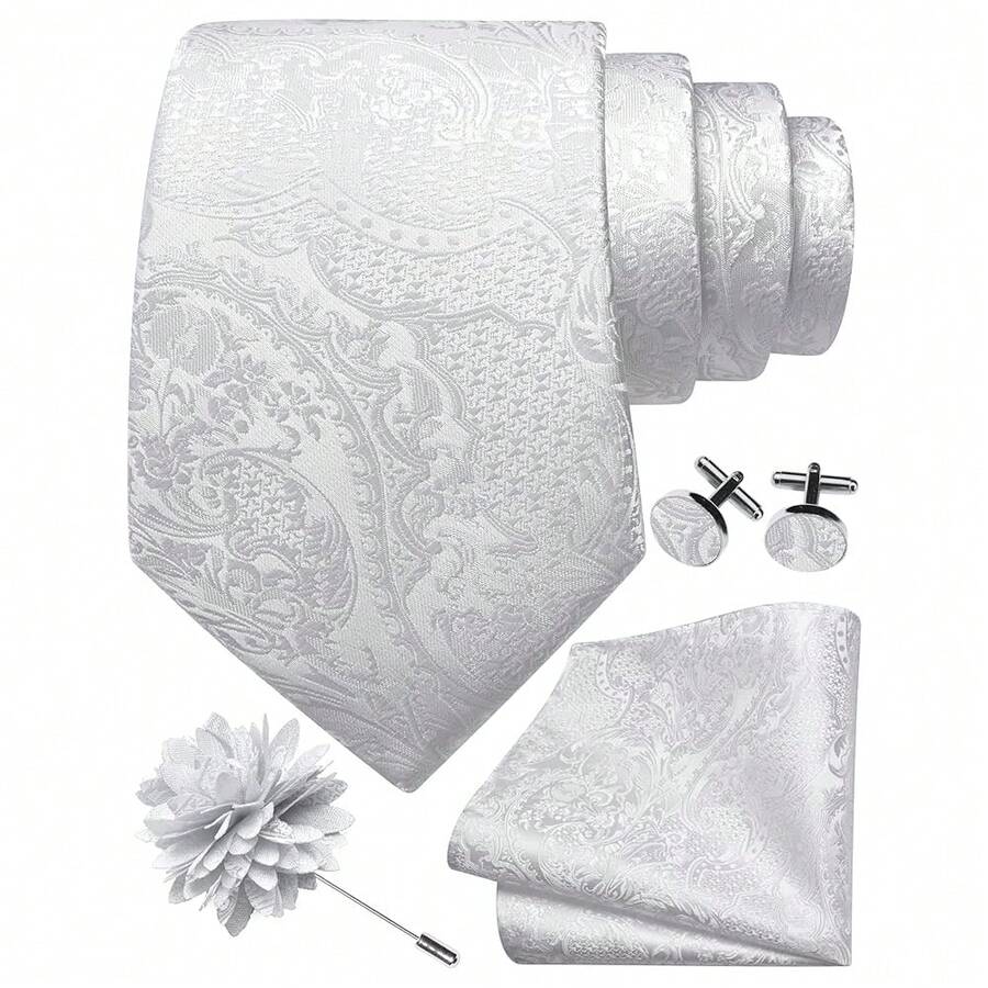 GUSLESON 8cm Paisley Tie Set For Men Necktie Lapel Pin Pocket Square Cufflinks Set For Men,White - White - View 1