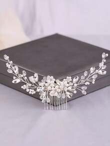 1件装女士优雅手工金属叶片粘土花朵配仿珍珠发梳，新娘婚礼派对发饰，发髻延长发饰，发型发夹，头部饰品，女士发饰 - 彩色 - 查看 12