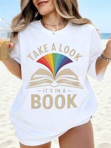 Take A Look Its In A Book Rainbow Book Lover T-Shirt For Women Beach Casual Summer Top Reading Gift Idea For Bookworms - 白色 - 查看 1