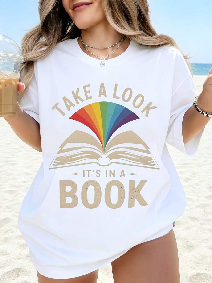 Take A Look Its In A Book Rainbow Book Lover T-Shirt For Women Beach Casual Summer Top Reading Gift Idea For Bookworms - 白色 - 查看 1