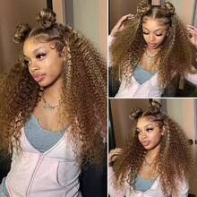 Uveous Ombre Highlight Jerry Curly Lace Front Wigs Human Hair 4/27 Colored Pre Plucked 13x4 HD Transparent Lace Frontal Wigs Honey Blonde Curly Wig For Women 250% Density Human Hair Wig With Baby Hair - P4/27 - 查看 3