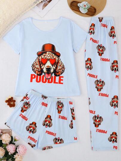 3pcs/Set Women's Sleepwear Set, Short Sleeve Top, Shorts & Pants, Heart & Dog Print, Comfortable Loose Fit, Suitable For All Seasons
