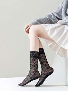 3 đôi tất dài đến đùi cho nữ, màu đen trắng, viền ren, chất liệu lưới mỏng, mềm mại và thoải mái, thích hợp cho thời tiết ấm áp, mùa xuân/hè. - Nhiều màu - Xem 14