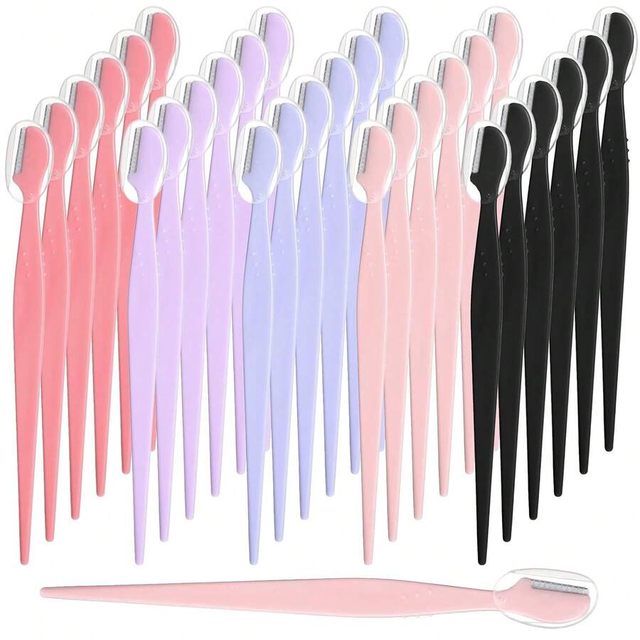 24件套女士修眉刀套装，多种颜色可选，轻松去除面部毛发，直柄修眉器，男女通用脱毛器，带保护盖，适合初学者，避免划伤面部或身体 - 彩色 - 查看 1