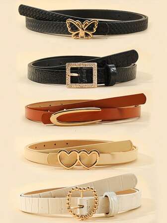 Set de 5 cinturones de mujer de piel sintética (PU) con hebilla en forma de corazón y mariposa, cinturón de moda adecuado para combinar con vaqueros, faldas y fotografía