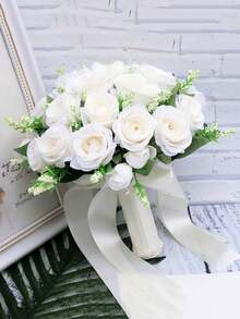 1支新款人造玫瑰花手柄新娘伴娘婚礼玫瑰花束，适用于伴娘、新娘、婚礼用品、摄影、婚礼仪式、家居装饰 - 白色 - 查看 5