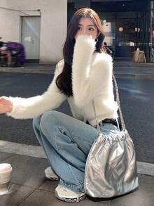 女士圆领开衫毛衣，秋冬新款，娇小休闲叠穿上衣 - 杏色 - 查看 7