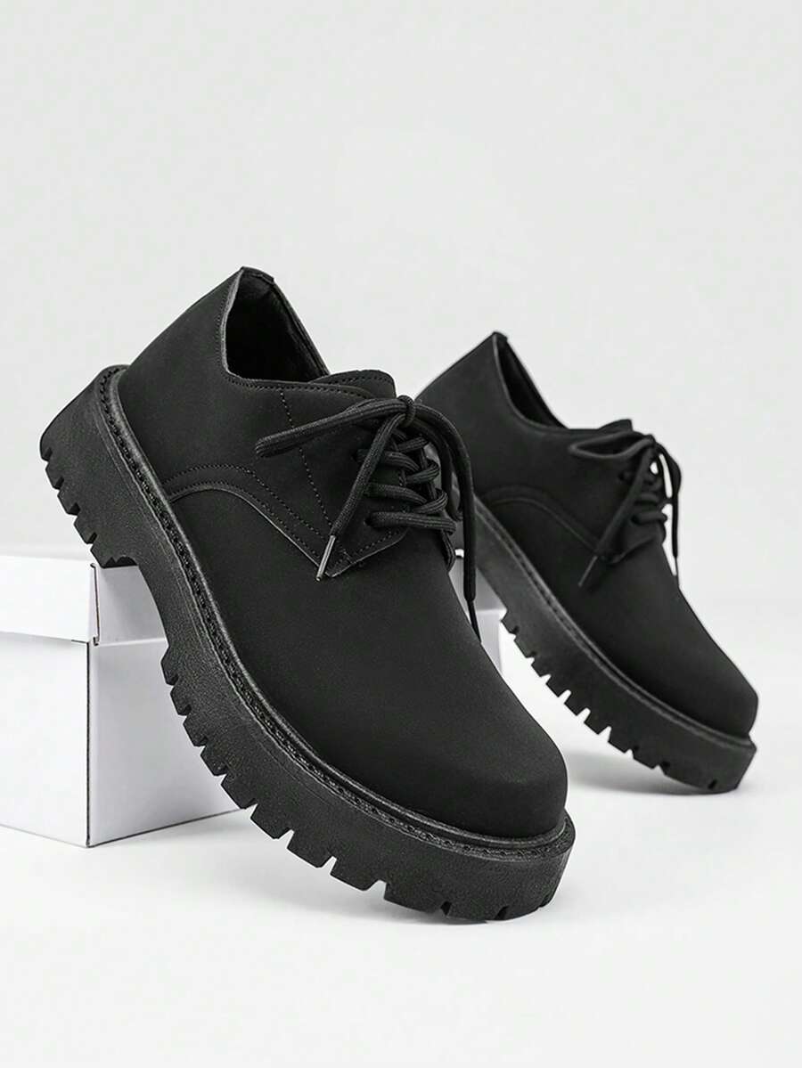 复古英伦风休闲皮鞋，男士户外耐磨厚底踝靴 - 黑色 - 查看 1