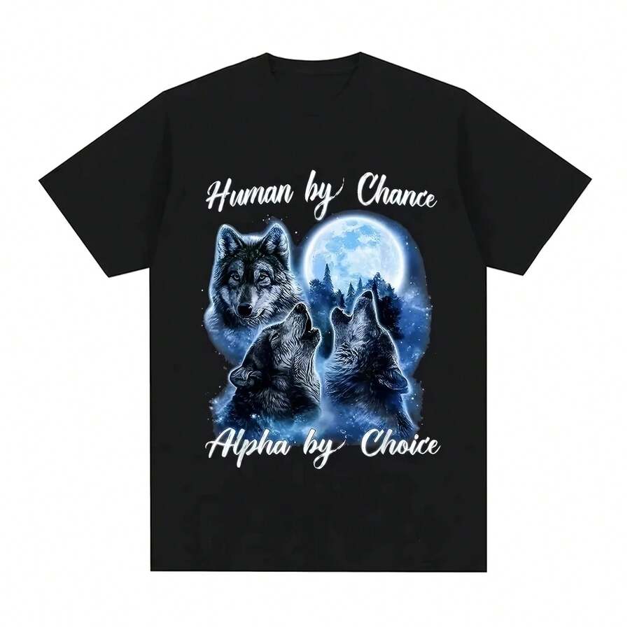 Men Clothing Men T Shirts Unisex Streetwear Casual Human By Chance Alpha By Choice Wolf Pattern Tshirt Fashion Hip Hop Retro - 黑色 - 查看 1