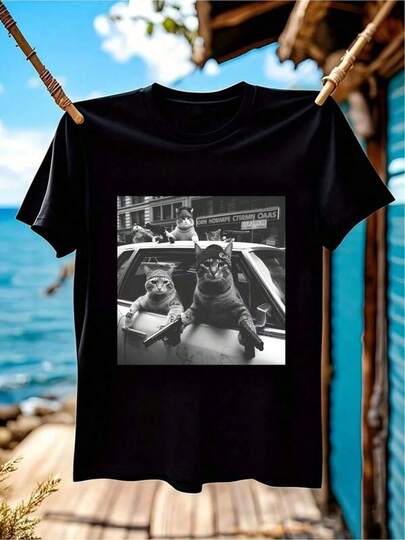 Herr T-shirt med tryck, 100 procent bomull, rolig T-shirt med meme och gangsterkatter, svarta grafiska T-shirts, herrgrafiska T-shirts för kvinnor, bekväm och andningsbar, mångsidig, innerkläder eller outfits, sport, herrmode, streetwear, presenter till pojkvän, andningsbar bomull, rund hals, designad för friluftsliv, resor, vandringsleder och vardag, avslappnad stil, herrkläder för alla hjärtans dag.
