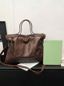 复古时尚大容量铆钉流苏多功能手提包 - 咖啡 - 查看 4