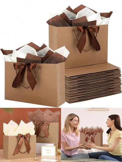 5pcs/1pc - Horizontal Kraft Paper Gift Bags, Shopping Bags, Handles Bags, Bow Decor Tote Bags, Halloween Trick Or Treat Bags, Large White Paper Bags, Suitable For Halloween, Thanksgiving, Christmas, New Year