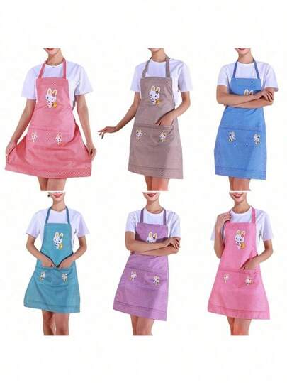 1pc Plaid Rabbit Design Apron - Brown Cartoon Pattern Kitchen Apron, Lightweight Breathable Absorbent With Practical Pocket, Suitable For Baking, Grilling, Cleaning, Adjustable Neck And Waist Strap - Thoughtful Gift For Mom/Girlfriend, Mother's Day, Kitchen Accessory, Affordable Apron For National Day, Party, Gathering, Bar, Restaurant, Hotel, Halloween And Other Occasions