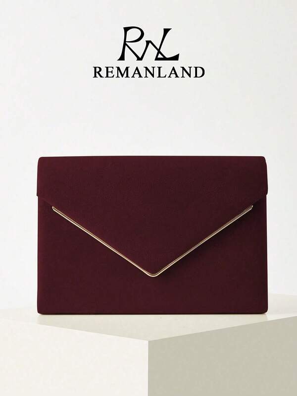 REMANLAND Burgundy Velvet Envelope Clutch Bag With Gold V-Shaped Metal Decor - A Simple And Fashionable Design, With A Luxurious Fabric Feel And A Distinctive Decoration, Perfectly Matching Daily Outfits, Parties And Formal Gatherings. This Compact Handbag Can Enhance Your Stylish Look In Semi-Formal Occasions And Fashionable Social Events.