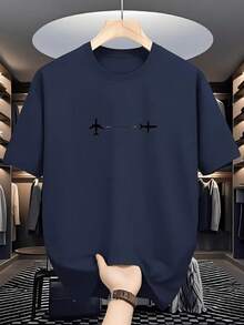 Men's Airplane Print T-Shirt, Aviation Style, 100% Cotton, New Colors, Release Date, Premium Knit Shirt - Màu xanh hải quân - Xem 1