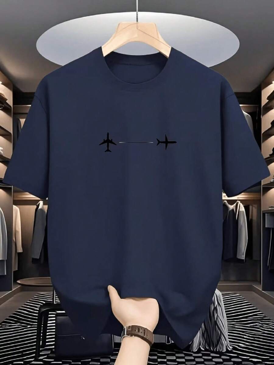 Men's Airplane Print T-Shirt, Aviation Style, 100% Cotton, New Colors, Release Date, Premium Knit Shirt - Màu xanh hải quân - Xem 1