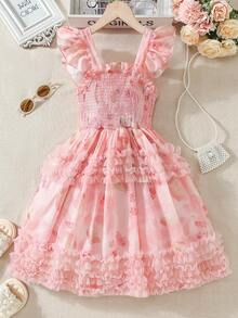 Tween Girls Elegant Cap Sleeve Mesh Chiffon Cable Knit Dress - Pink - View 1