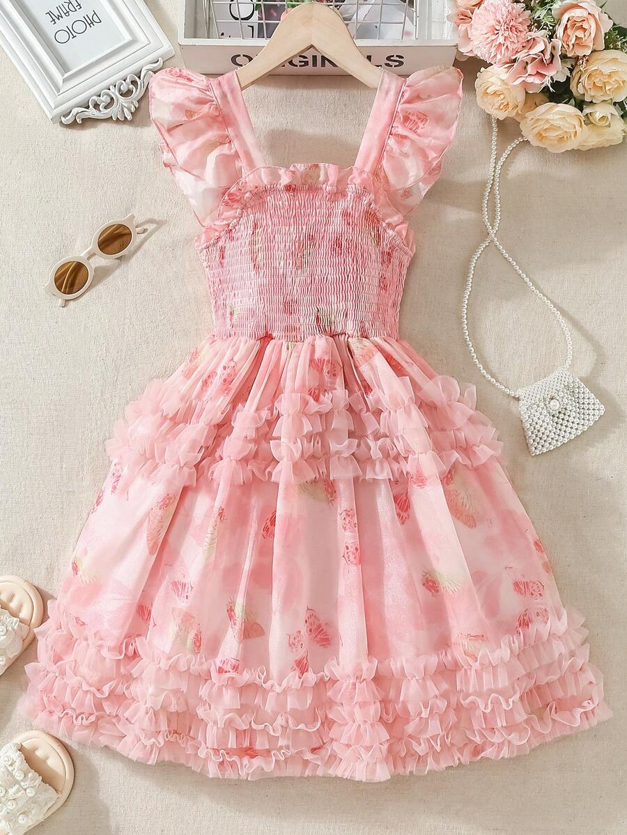 Tween Girls Elegant Cap Sleeve Mesh Chiffon Cable Knit Dress - Pink - View 1