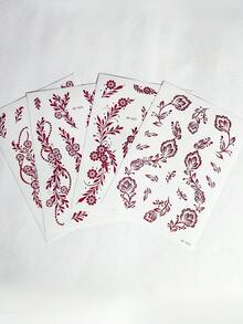 4张花卉海娜纹身贴纸，手背手臂身体临时纹身贴纸，棕色酒红色蕾丝时尚曼陀罗花卉设计假纹身，曼海蒂图案 - 棕色 - 查看 8