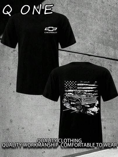 Chevrolet Vintage Truck Flag(180 Cotton T-Shirt) Men's Round Neck And Short Sleeves, Casual Cotton, Casual Fashion, Suitable For Indoor And Outdoor Wear And Holiday Gifts